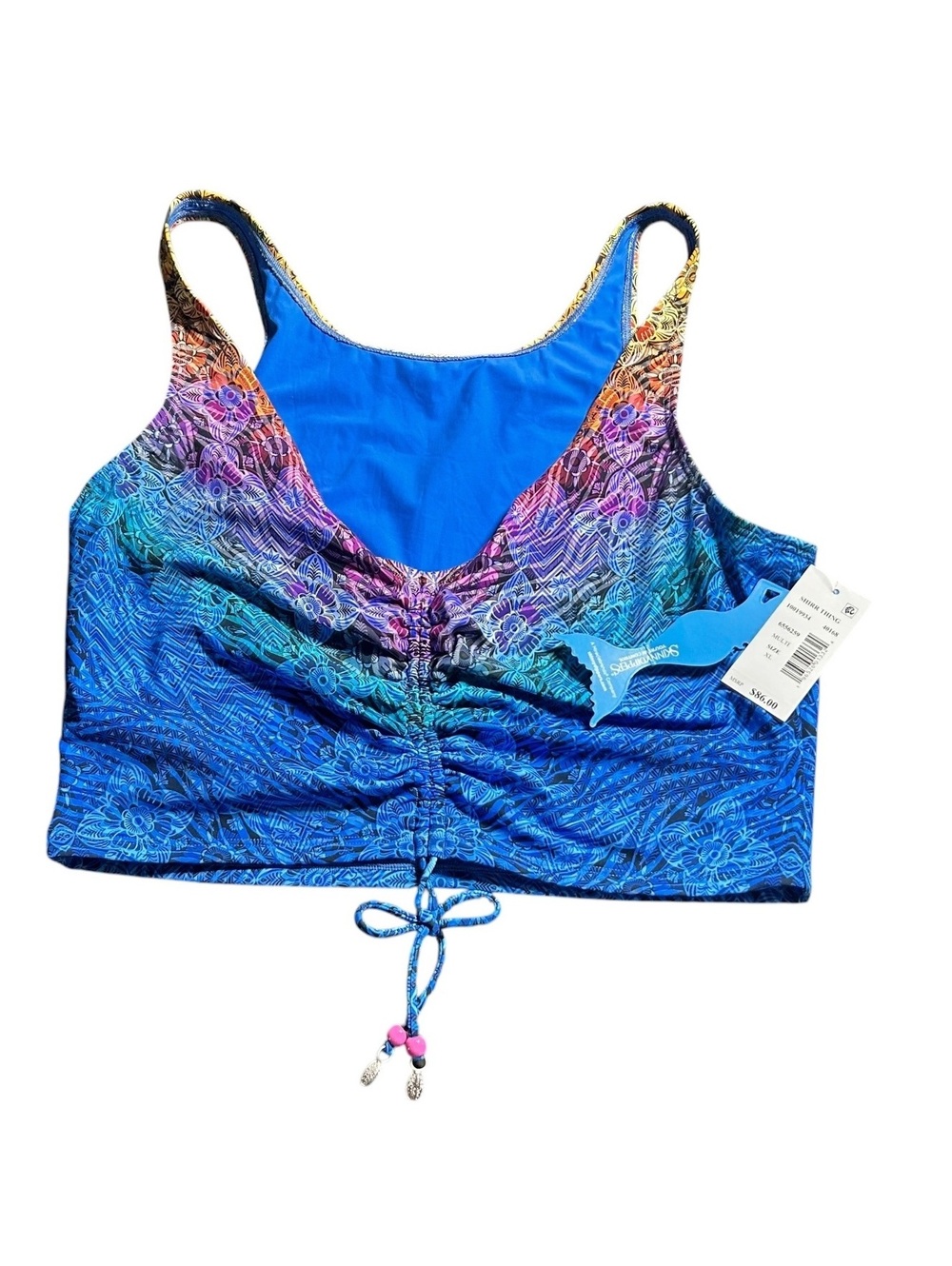 SKINNYDIPPERS XL pull over crop drawcord adjustable tassle middle swim top NWT